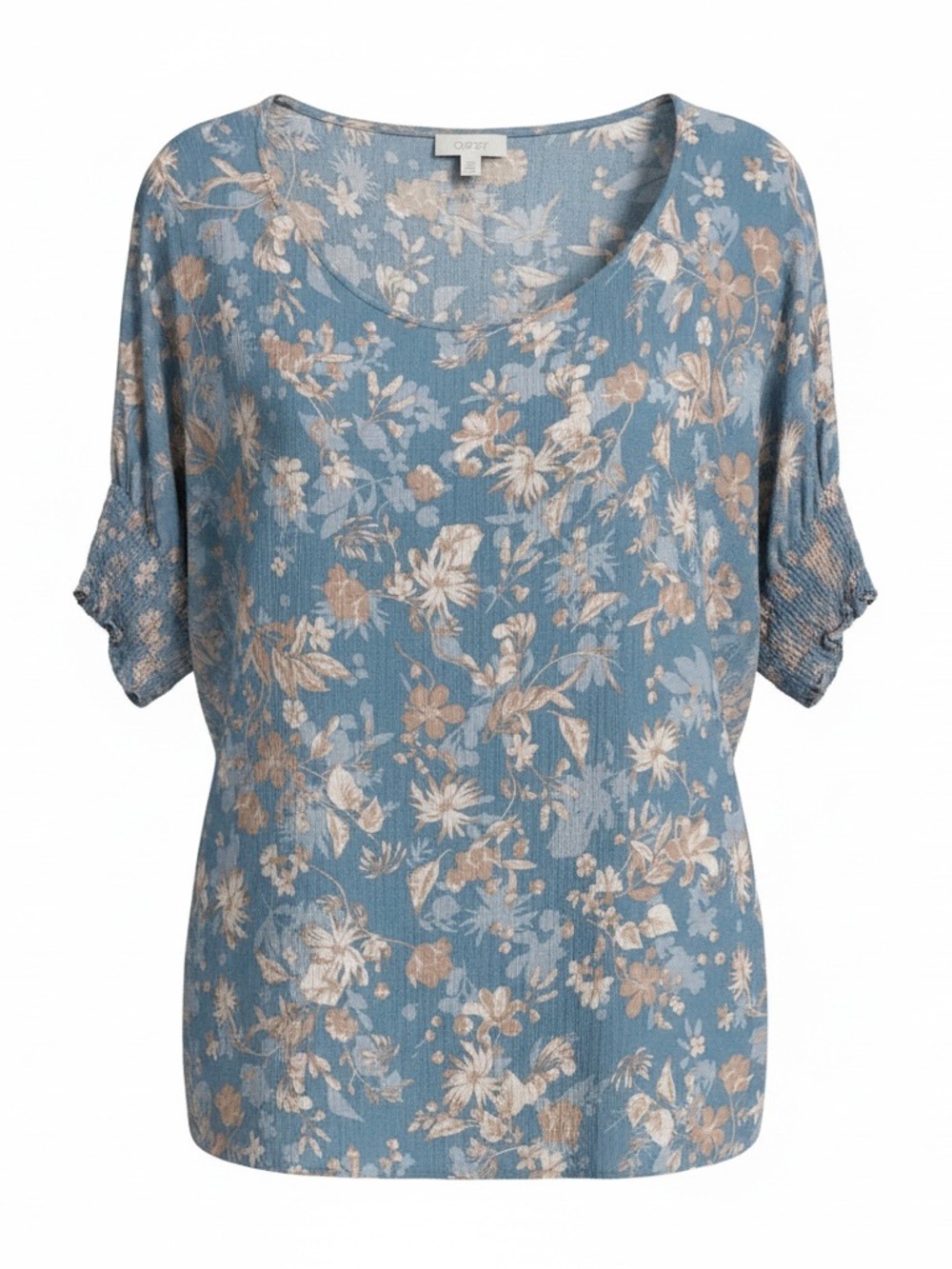 ODDY Blue Floral Scoop Neck Tunic with Beige Accents